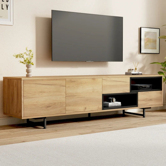 Low cabinet for TV, multiple storage functions, wood chipboard, open storage space with PCB compartments, 173 x 38 x 48 cm
