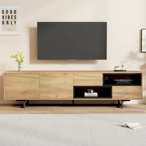 Low cabinet for TV, multiple storage functions, wood chipboard, open storage space with PCB compartments, 173 x 38 x 48 cm