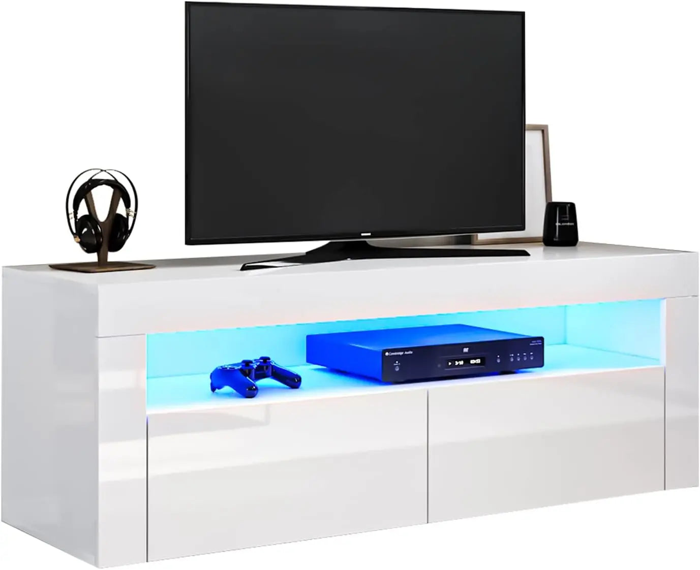 Bright White TV Cabinet with 12 LED Lights, Living Room TV Table with 2 Folding Doors, 120 Cm