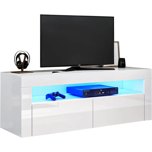 Bright White TV Cabinet with 12 LED Lights, Living Room TV Table with 2 Folding Doors, 120 Cm