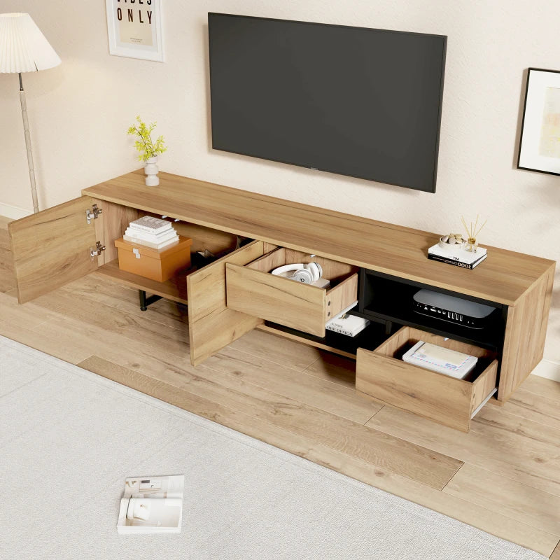 Low cabinet for TV, multiple storage functions, wood chipboard, open storage space with PCB compartments, 173 x 38 x 48 cm