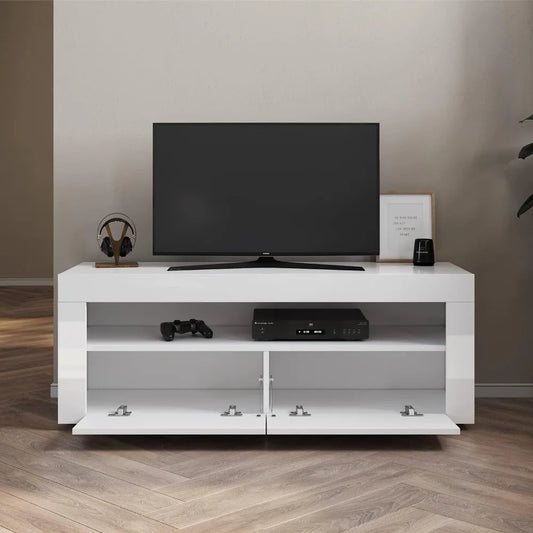 Bright White TV Cabinet with 12 LED Lights, Living Room TV Table with 2 Folding Doors, 120 Cm