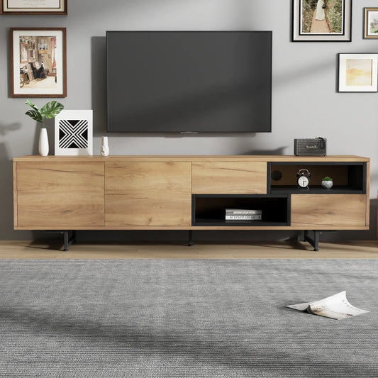 Low cabinet for TV, multiple storage functions, wood chipboard, open storage space with PCB compartments, 173 x 38 x 48 cm
