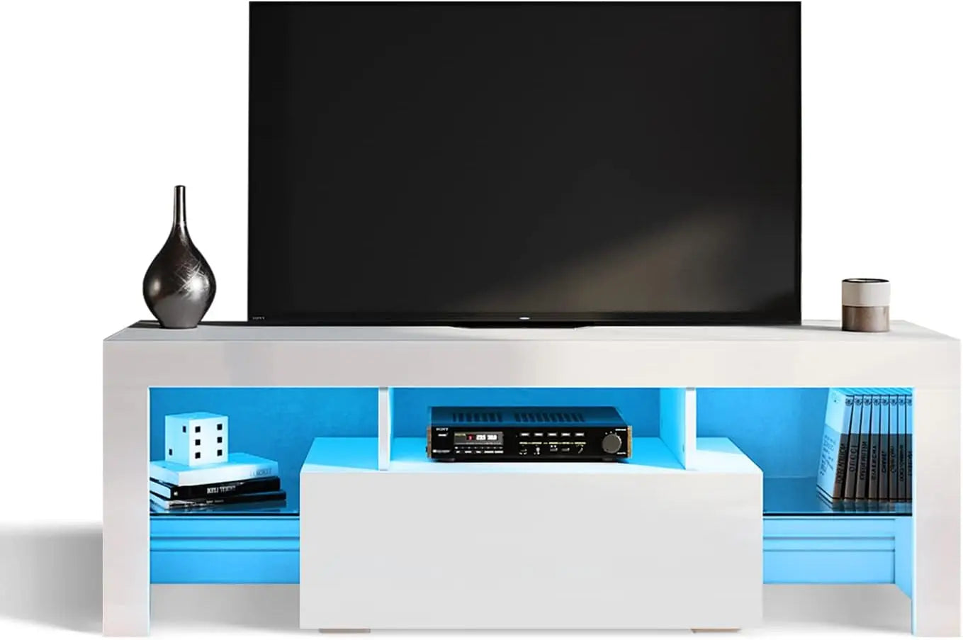 Bright White TV Cabinet with 12 LED Lights, Living Room TV Table with 2 Folding Doors, 120 Cm