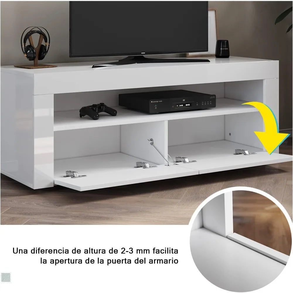 Bright White TV Cabinet with 12 LED Lights, Living Room TV Table with 2 Folding Doors, 120 Cm