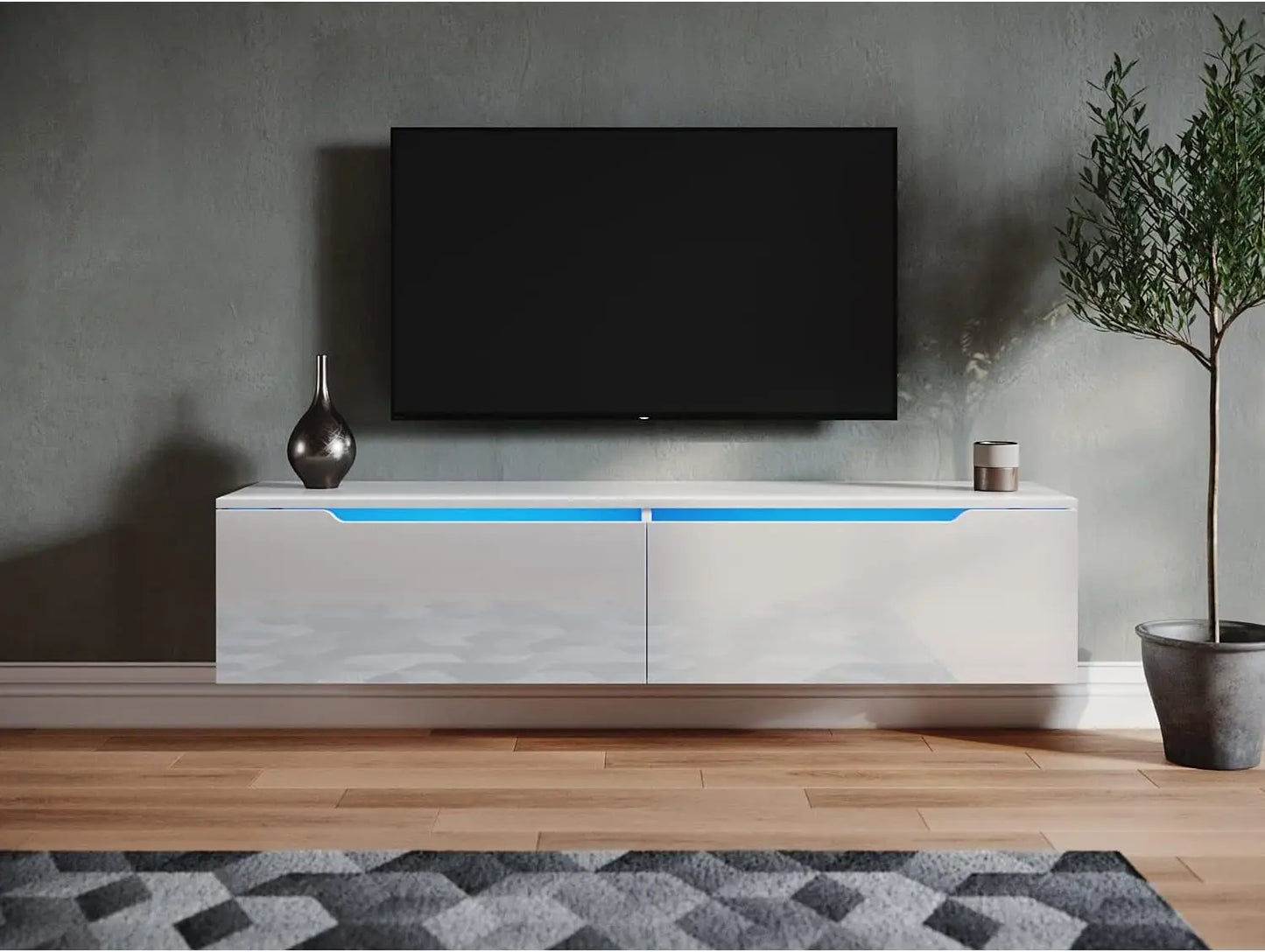 Bright White TV Cabinet with 12 LED Lights, Living Room TV Table with 2 Folding Doors, 120 Cm
