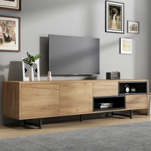 Low cabinet for TV, multiple storage functions, wood chipboard, open storage space with PCB compartments, 173 x 38 x 48 cm
