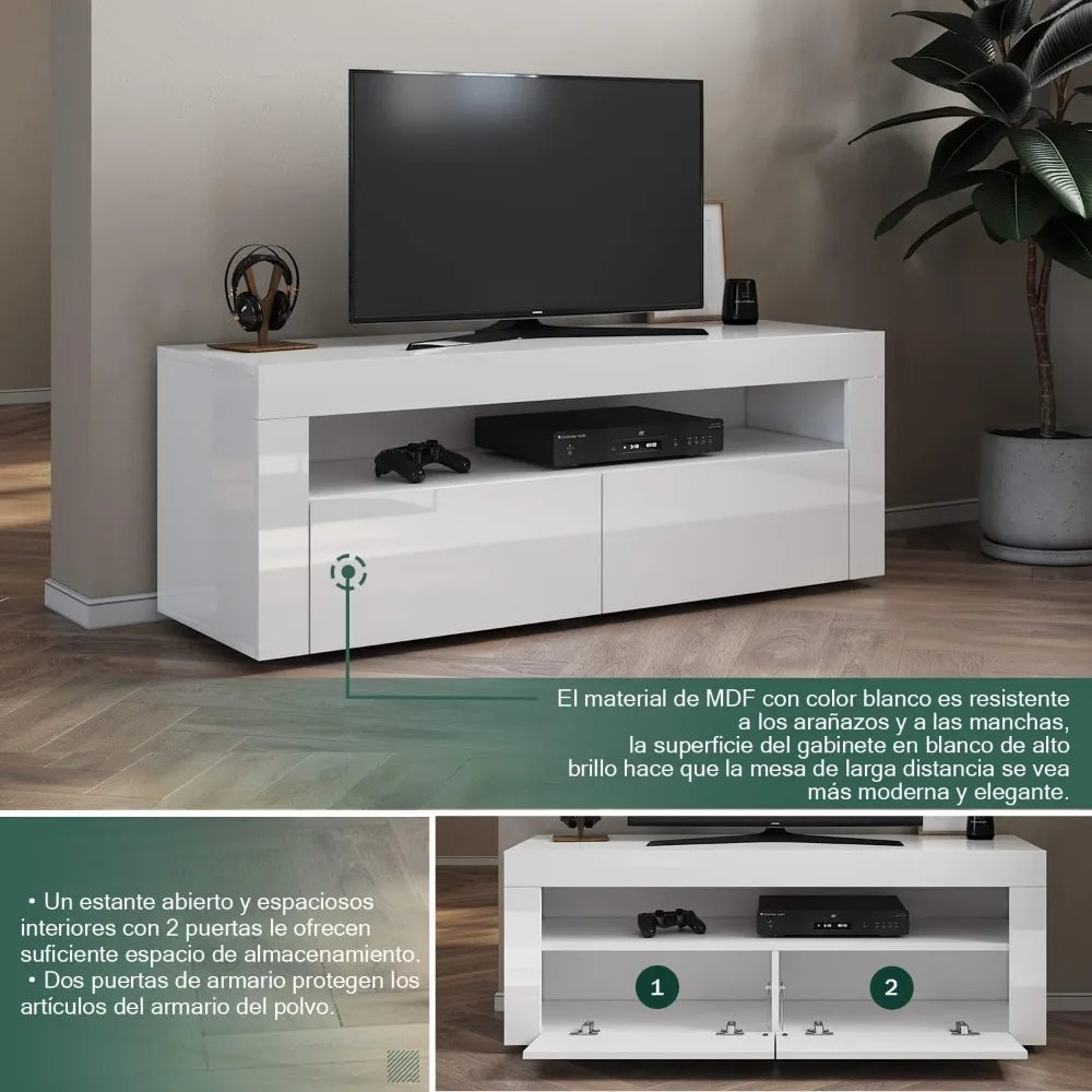Bright White TV Cabinet with 12 LED Lights, Living Room TV Table with 2 Folding Doors, 120 Cm