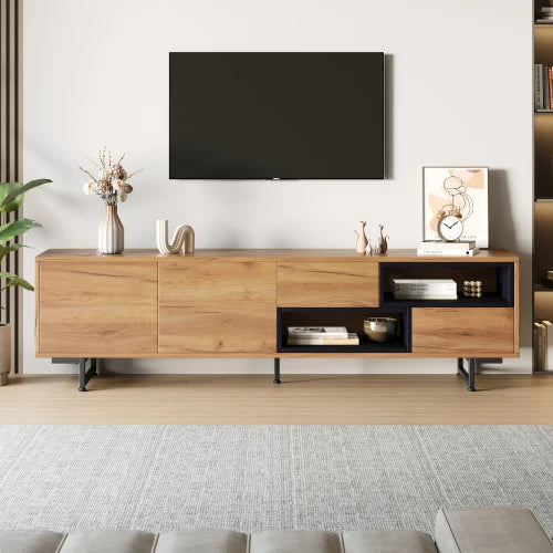 Low cabinet for TV, multiple storage functions, wood chipboard, open storage space with PCB compartments, 173 x 38 x 48 cm